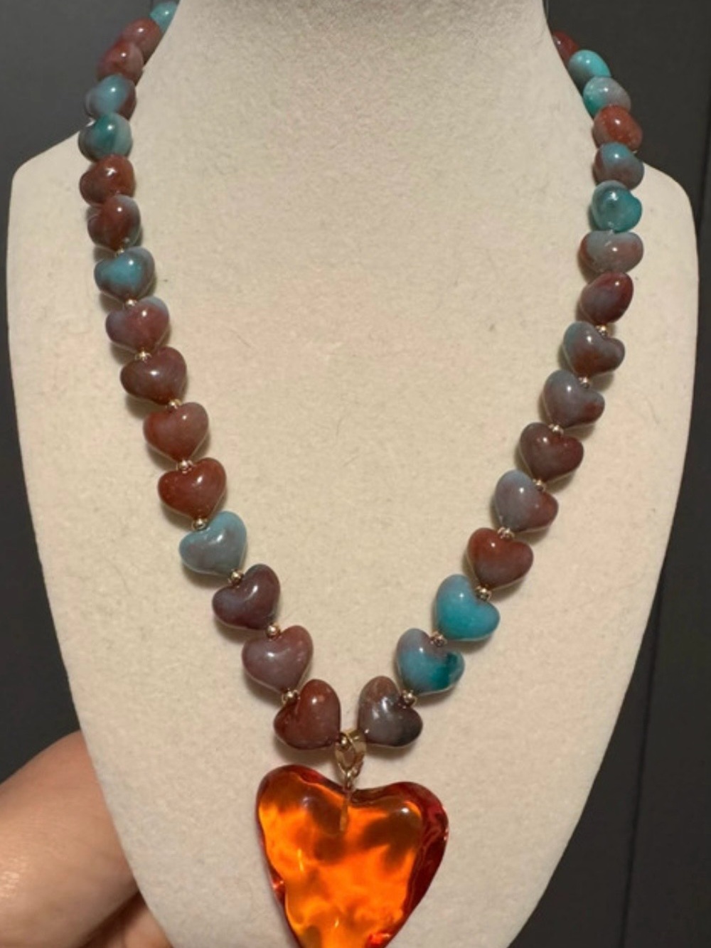 Handmade Heart Bead Necklace with Amber Heart Pendant - Multicolor